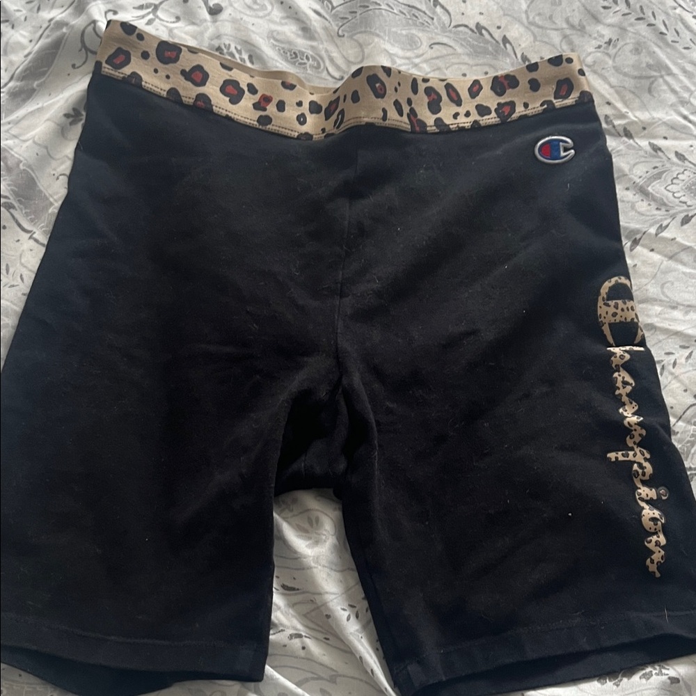 Champion Black Shorts with Leopard Accents